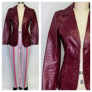 Vintage 70s 80s Butter Leather Blazer Jacket Size S Small Burgundy Hipster Indie
